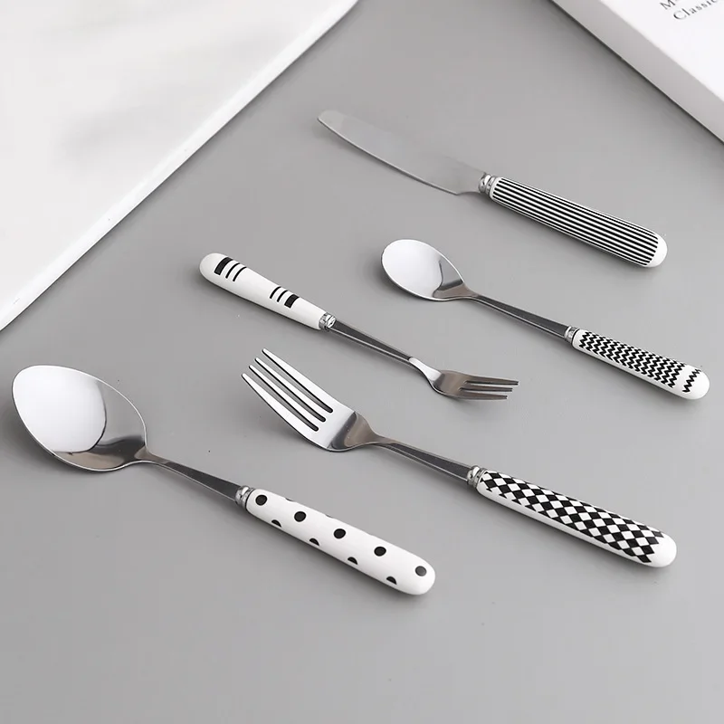 3/5 Pcs Light Luxury Knife Fork Spoon Dinnerware Set Stainless Steel Ceramic Handle Cutlery for Household Kitchen Tableware Kit