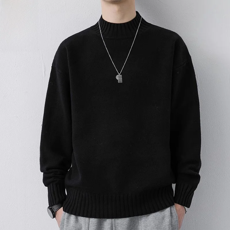 

f High Collar Sweater Men's Bla Knitted Loose Casual Base irt Winter Faionable Thiened Long Sve T-irt
