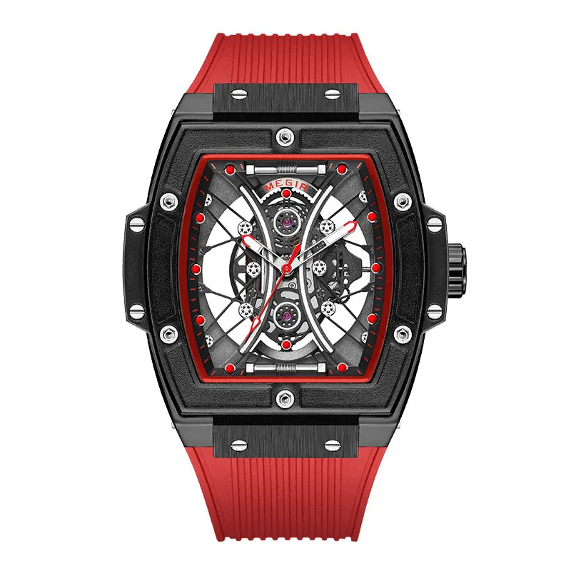 MEGIR Fashion Analog Quartz Watch Men Tonneau Dial Waterproof Military Sport Wristwatch with Luminous Hands Orange Silicone Band