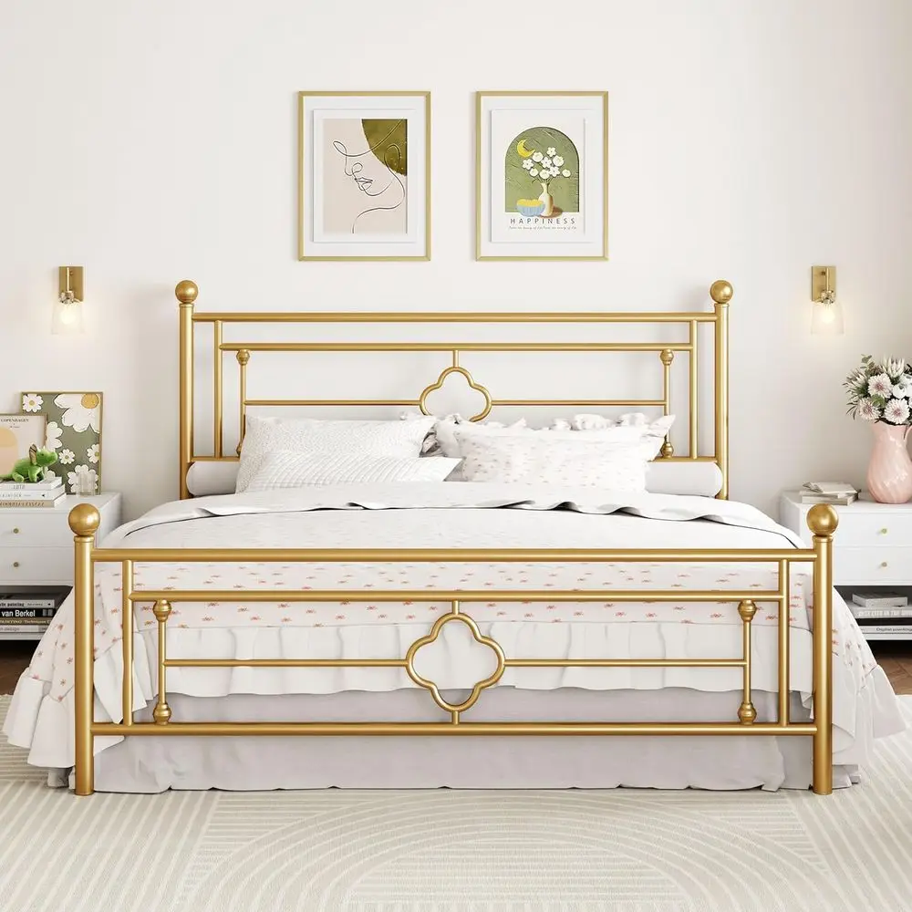 

Винтажный металлический каркас кровати размера «king-size» 14 с основанием для матраса и местом для хранения — простая сборка, бесшумный, золотой