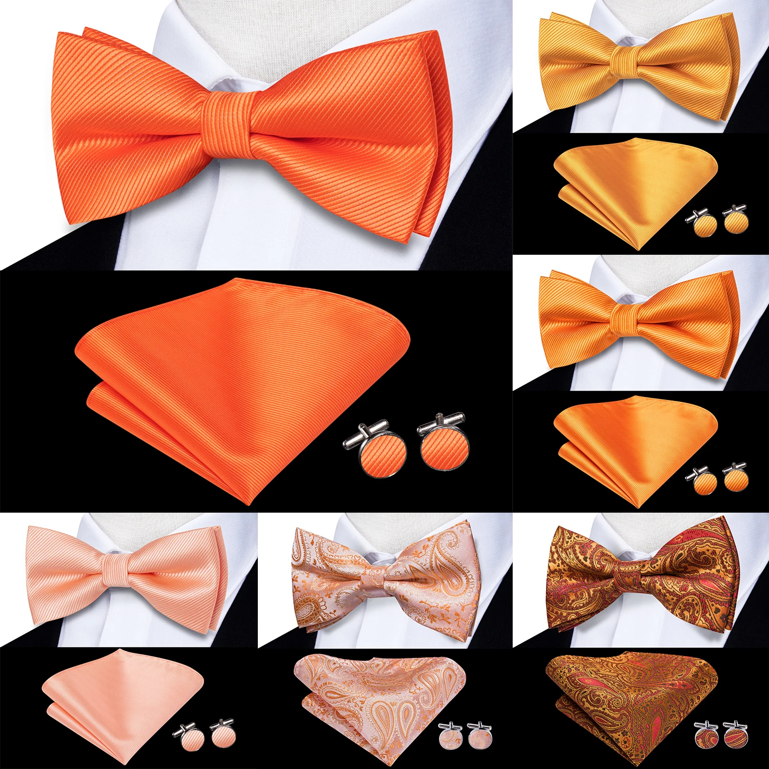 

Hi-Tie Silk Mens Bow Tie Hankerchief Cufflinks Set Orange Tangerine Pre-tied Butterfly Knot Bowtie for Male Wedding Business