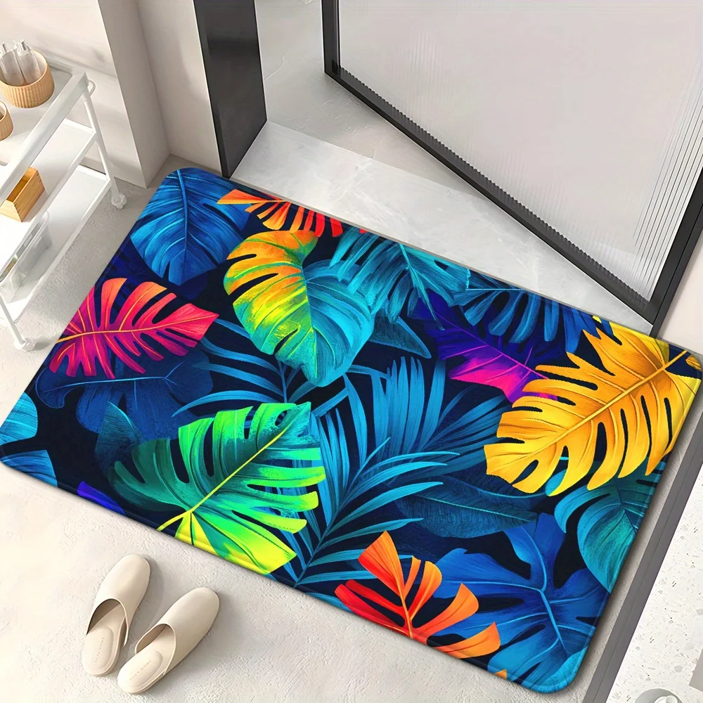 1pc 2D Flat Neon Tropical Monstera Leaves Colorful Flannel Area Rug Non Slip Jungle Vibes Carpet For Living Room Bedroom Floor