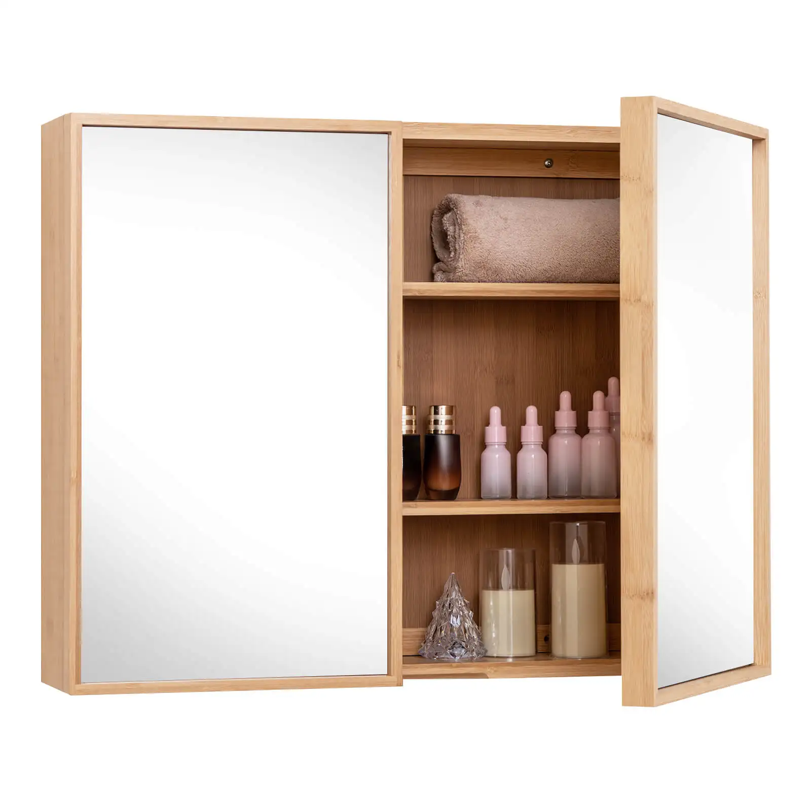 

Double Door Medicine Cabinet w/ Mirror 2 Adjustable Cabinet Shelves Natural