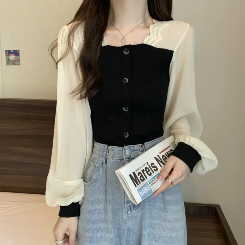 French Splicing Fake two pieces Square Collar Women Knitted shirt jacket Flare Sleeve Unique Slim fit top black beige