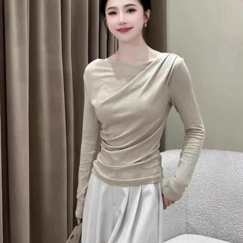 Women Long Sleeve T Shirt, Cowl Neck Ruched Slim Fit, Pullover Top Solid Color Autumn, 2025 Office Lady Blouse Base, Layer Tee