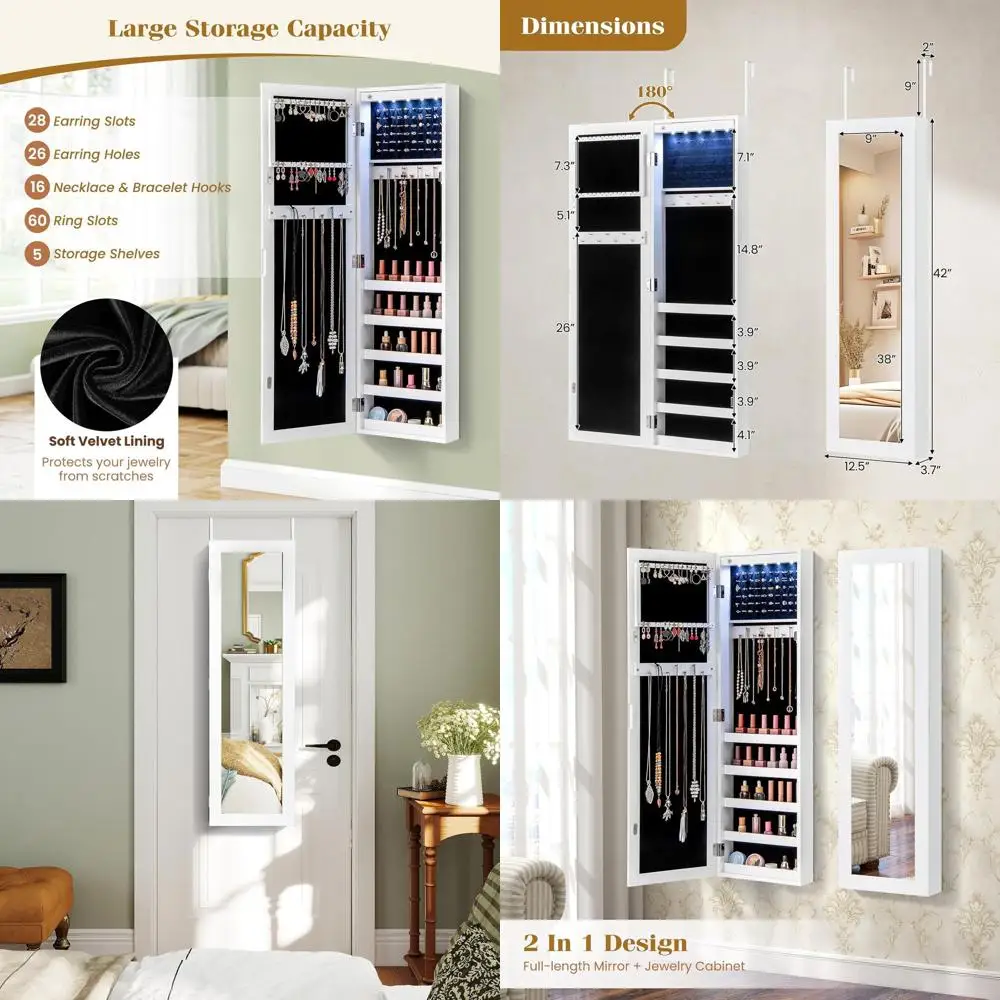 

Белый настенный или дверной шкаф для ювелирных изделий с зеркалом в полный рост, большое хранилище, крючки для ожерелья, держателями для сережек и освещением.