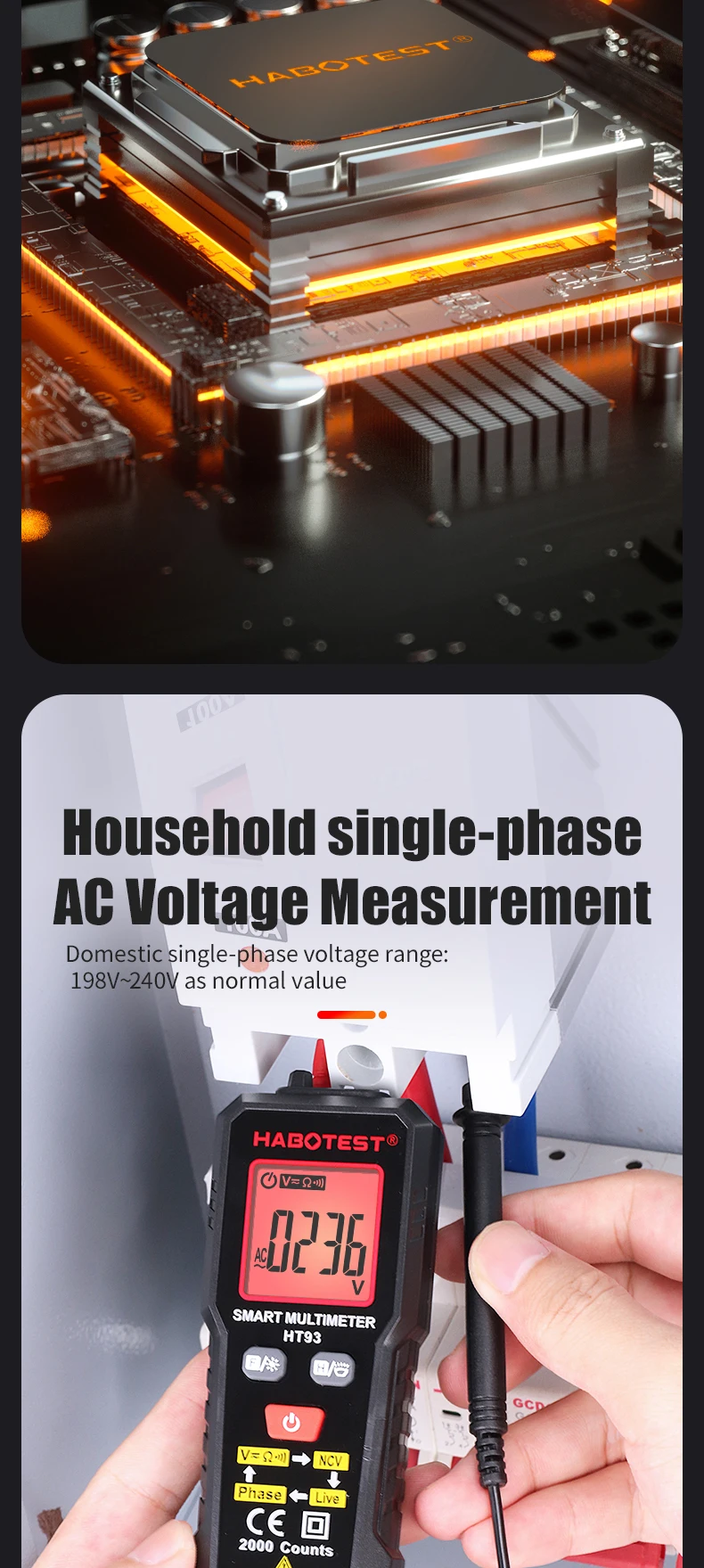 HABOTEST DC Voltage Tester Detector Multimeter 2000 Display Non-Contact Electric Pen Dual Range Live Wire Test Ohm Hz NCV Meter