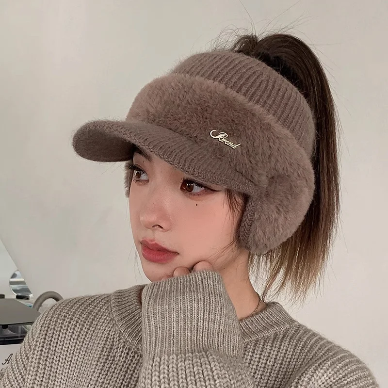 

Winter Hats For Women 2023 New Fashion Winter Warm Earflaps Knitted Hat Baseball Caps Outdoor Sport Windproof Ponytail Hat Visor