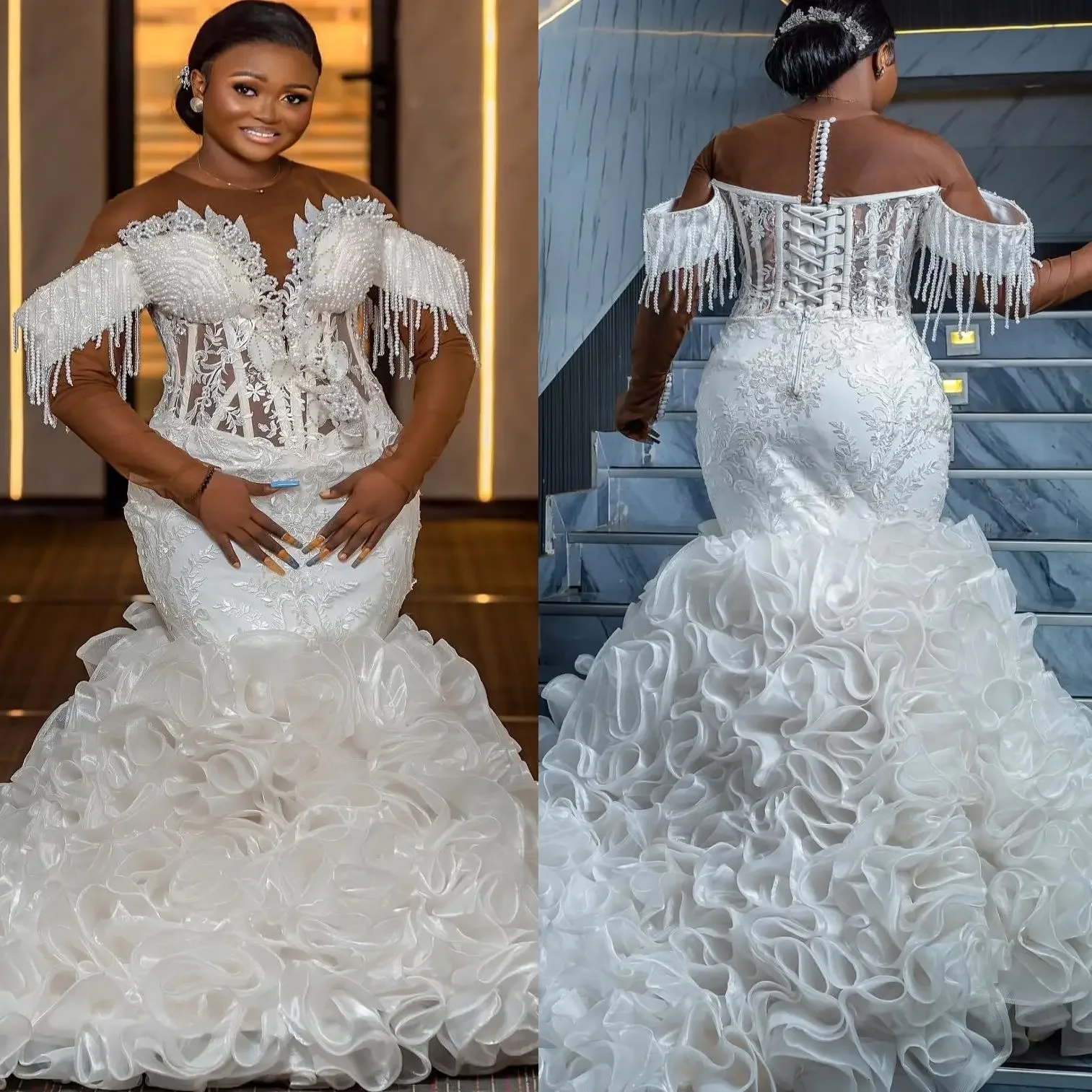 

Customized Ivory Lace Plus Size Wedding Dress Pearls wers Beadings Organza Tiers Bridal Gown