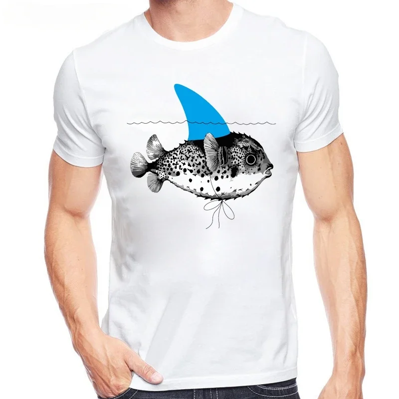 fake shark Fish Cool Printed Men's Casual T-shirt Male Retro Hipster Tops Tee New funny Puffer fish and Shark Brand