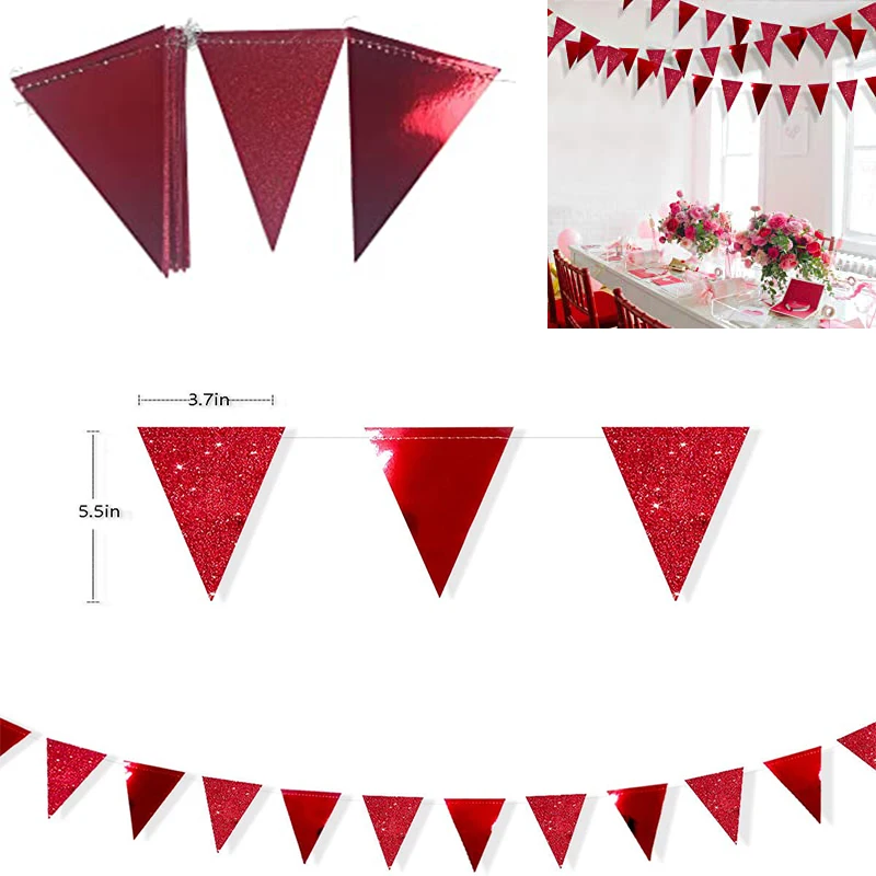 Red Engagement Valentine\'s Day Party Banner Decoration Paper Triangle Flag Pennant Bunting for Wedding Bridal Shower Party Decor