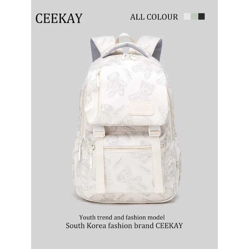 2026 New CEEKAY Bear Print Backpack, School Bag with Webbing Buckle & Breathable Straps, Large Capacity Travel Bag for Women