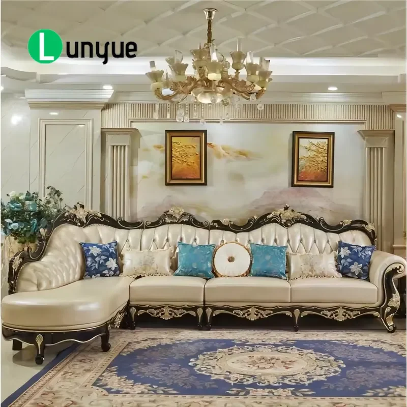 European Classic Luxury L Shaped Sofa Solid Wood Hand Carved Gold Foil Leather Couch High Quality Design Living Room