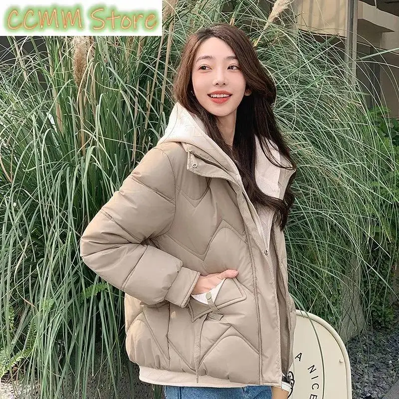 New Winter Fashion Parkas Fake two items Short Coats Women's Down Cotton Jacket Thick Hooded Tops Female Casual Outwear