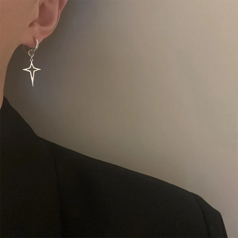 Punk Metal Hollow Star Dangle Earrings for Women Silver Color Vintage Cross Drop Earrings Trendy Statement Loop Jewelry Gift