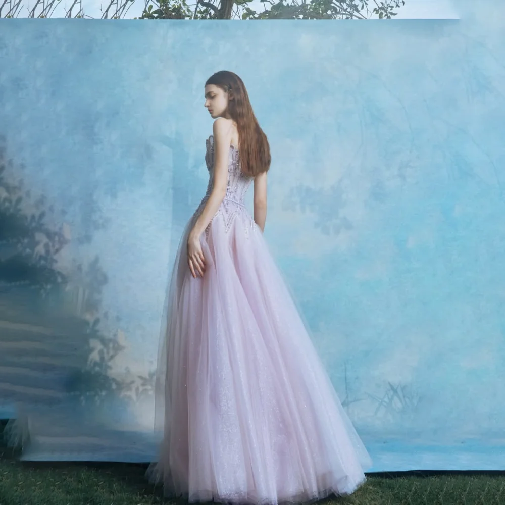 Customized Tulle Lilac Strapless Crystals Beading Ruffles Pleated A-Line Ball Weeding Dresses Backless Floor Length Bridal Gown