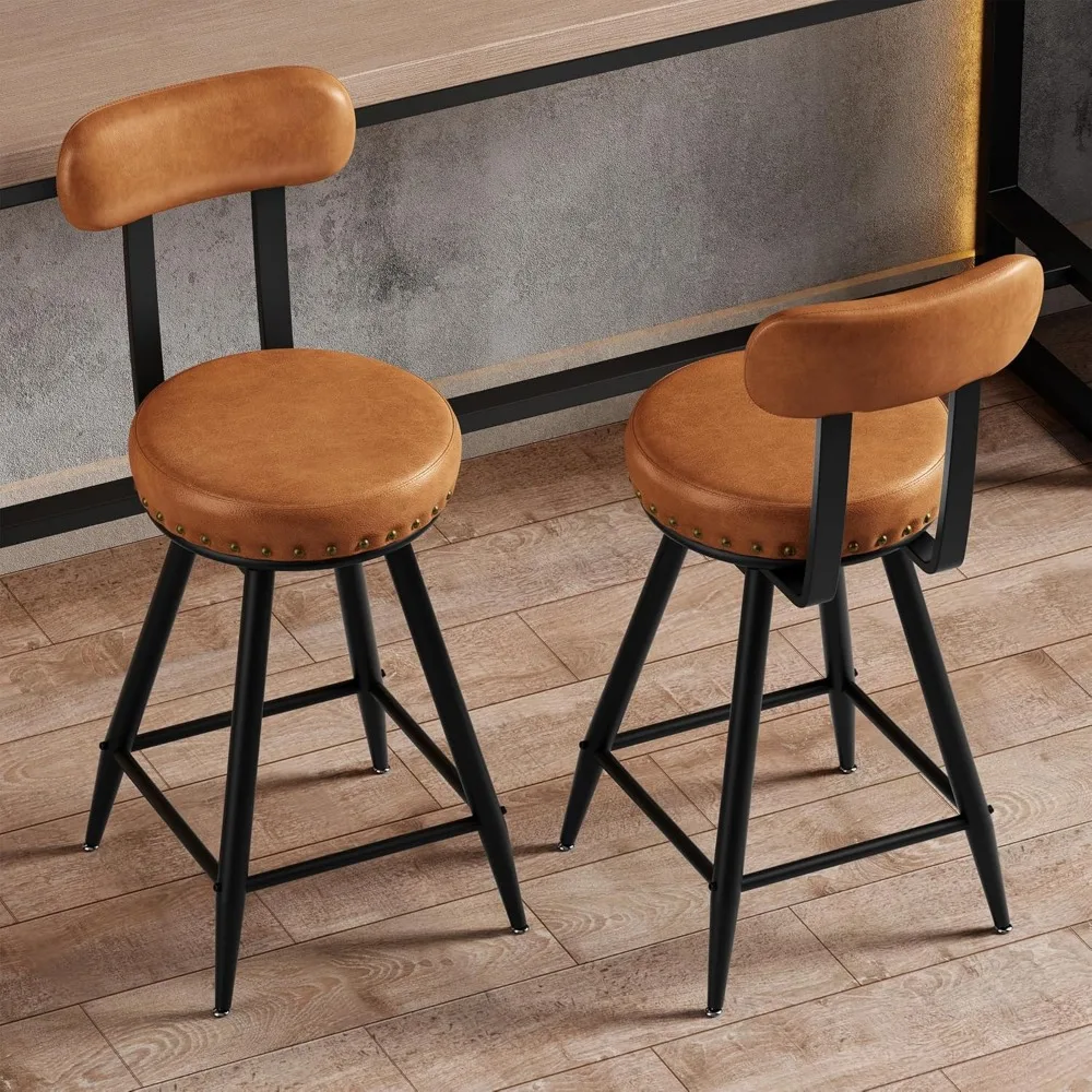 

"Set of 2 Counter Bar Stools - 26" Swivel w/ Backs & Hand-Riveted PU Leather"​