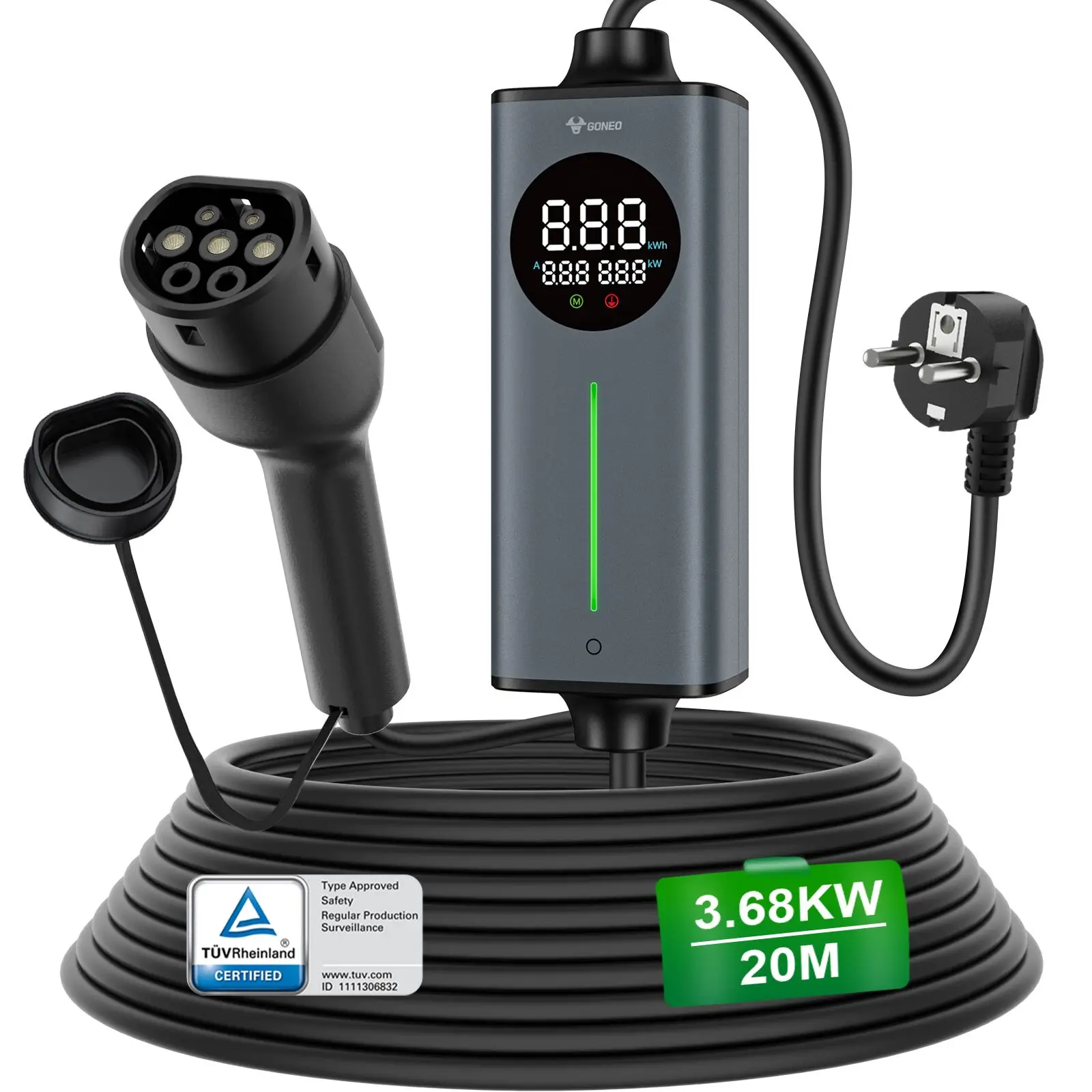GONEO Draagbare Type 2 EV-lader – Schuko-stekker, voor elektrische auto's & plug-in hybrides ​ Slimme temperatuurregeling, dubbele FI (AC+DC) bescherming, automatische aardingsdetectie, instelbare