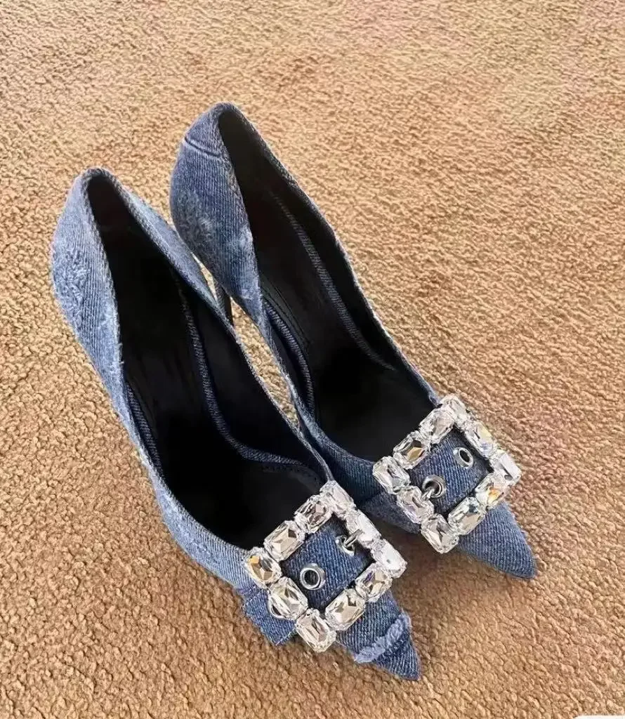 New blue denim square buckle rhinestone high heels, women\'s slim heels, pointed toe, and sexy women\'s singles shoes