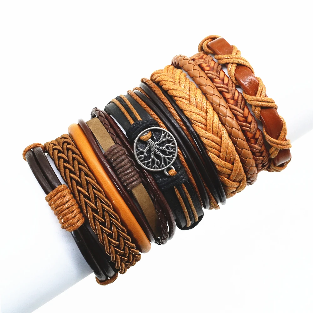 New Casual Wrap Leather Bracelets Men WristStrap Women Bangles 10 Pcs/Set Handmade Weave Khaki Braided Homme Jewellery