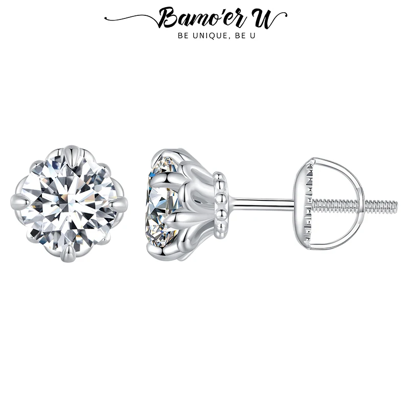 Bamoer U 0.5/1CT D Color VVS1 EX Moissanite Stud Earrings S925 Platinum Plated Earrings Lab Diamond Shining Valentine's Day Gift