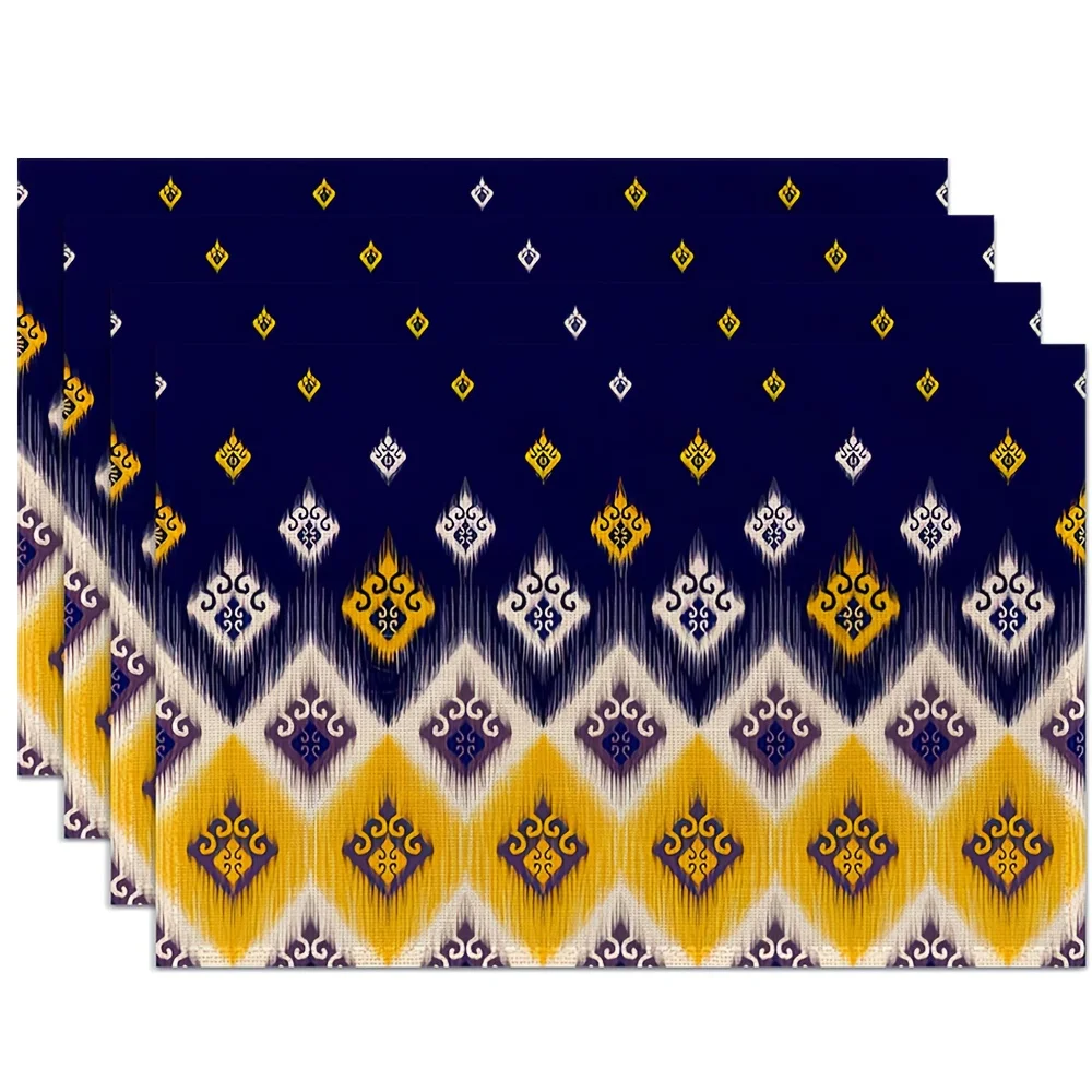 

Set of 4 Southwest Style Placemats, Washable And Heat Resistant, 12×18 Inches, Blue And Yellow Linen Table Mats for Outdoor Dini