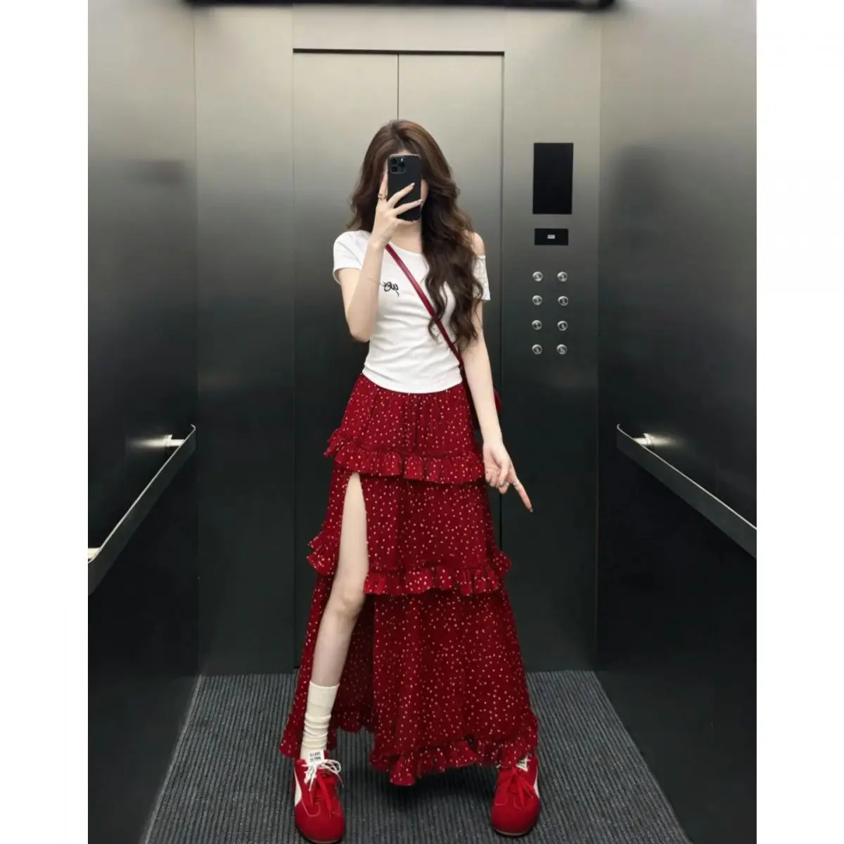 Red Polka Dot Split Skirt Women's Summer New Long Dress