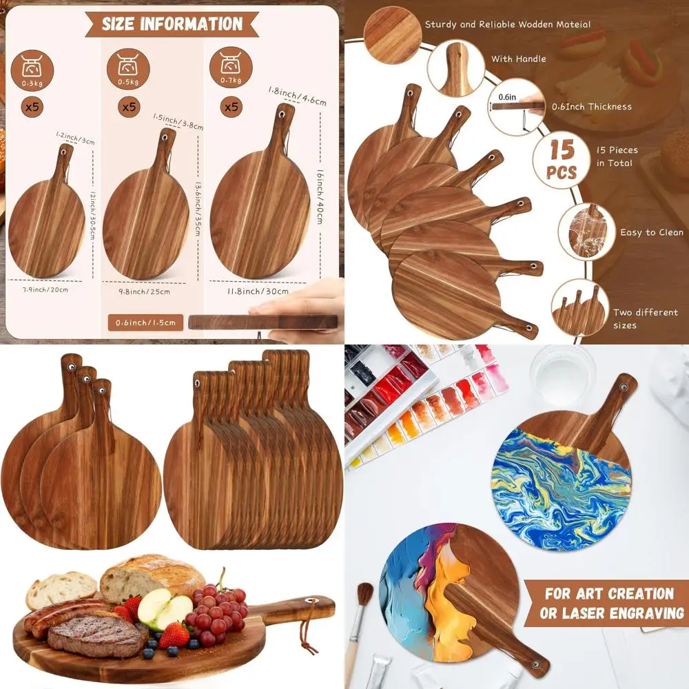 

Set of 15 Acacia Wood Boards with Handles - Large, Medium & Small for Meat, Pizza, Bread, and More