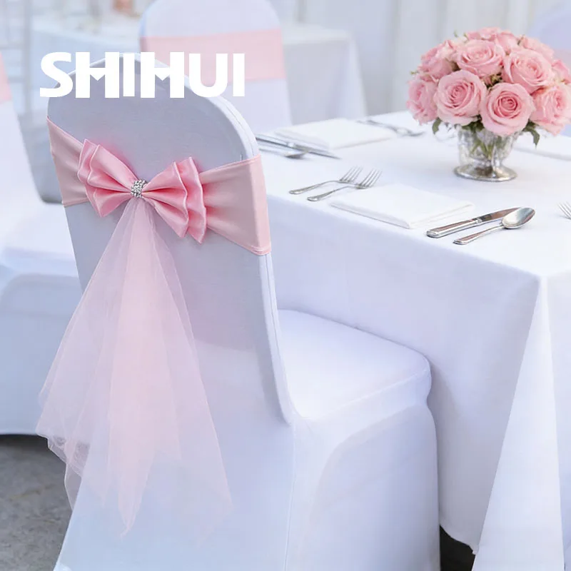 6/8/10/12 Pcs Chair Sashes Tie Gauze Knot Back Elastic Band Stain Grenadine Belt Bow For Banquet Wedding Party Event Decoration