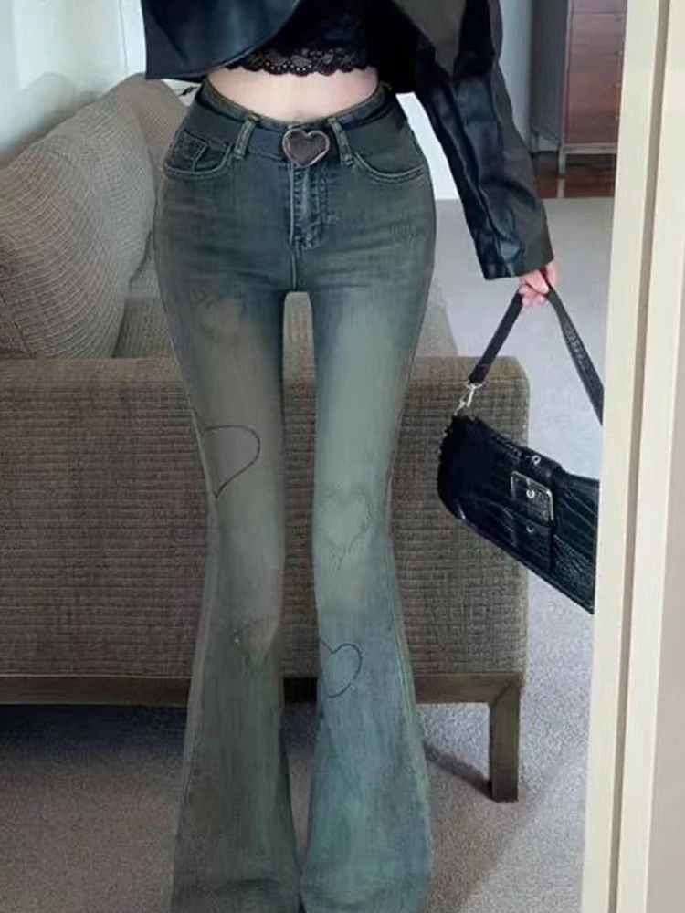 

High Waist Bell Bottom Jeans Women's Summer New Floor Length Denim Long Pants American Style Slimming Effect Heart Design