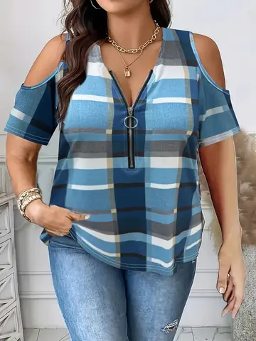 Plus Size Plaid Print T-Shirt Casual Cold Shoulder Half Zip Short Sleeve T-Shirt Women s Plus Size Clothing