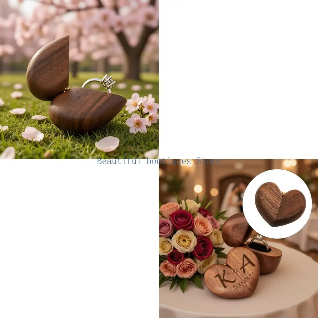 U4LF Wooden Ring Box Heart Shaped Texture Holder, Plain No Engraving Ring Case with Soft Lining for Proposal, Engagement