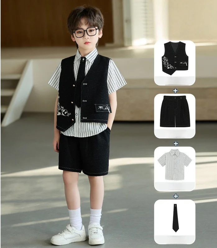 Children's Formal Wear Panda Embroidery New Chinese Style Vest Set Boys' Fashion May Day Event Piano Hosting Performance Costume