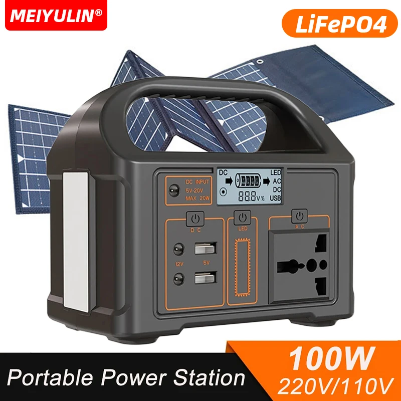 100W Portable Power Station 220V/110V Solar Generator Outdoor Emergency Power supply 24000mAh LiFePO4 Spare Battery For Camping