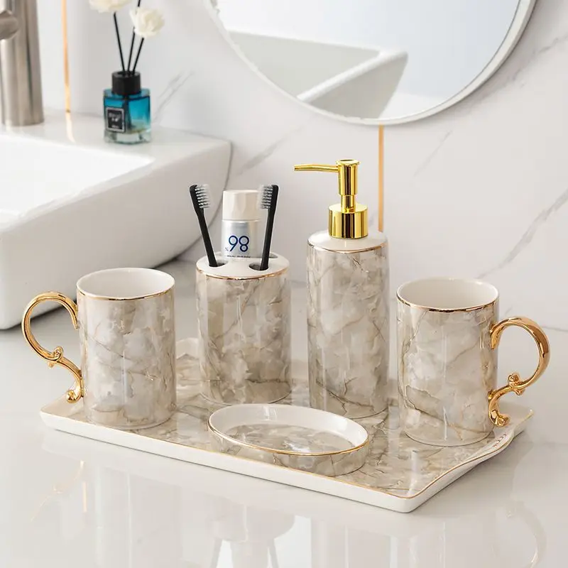 European Marble Ceramic Lotion Bottle Toothbrush Holder Bathroom Accessories Set Cup Soap Dish Shampoo Dispenser Bottle Decor