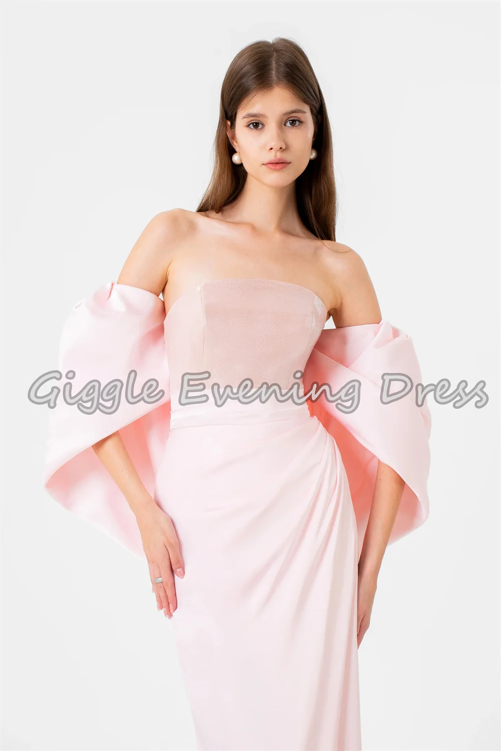 Giggle Crepe Straight Off-the-shoulder Neckline Pleats Floor Length Simple Saudi Evening Dresses For Women 2025 With Half Sleeve