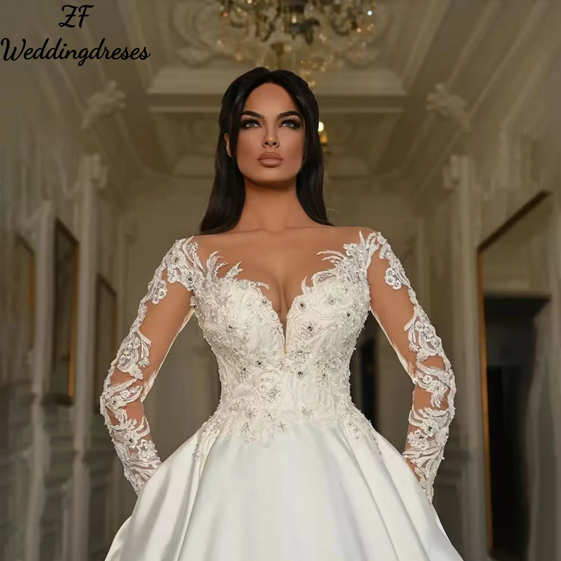 zf Maßgeschneidertes Luxus-Hochzeitskleid mit herzförmigem Ausschnitt, Spitzenapplikation, langen Ärmeln, Satin, A-Linie, Sweep-Zug, Brautkleid