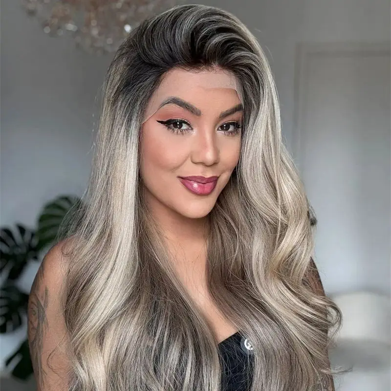 

Party Cosplay Daily Wigs Ombre Ashy Blonde Brown Lace Front Wig High Quality Synthetic Wigs Glueless Heat Resistant Fibre Wigs