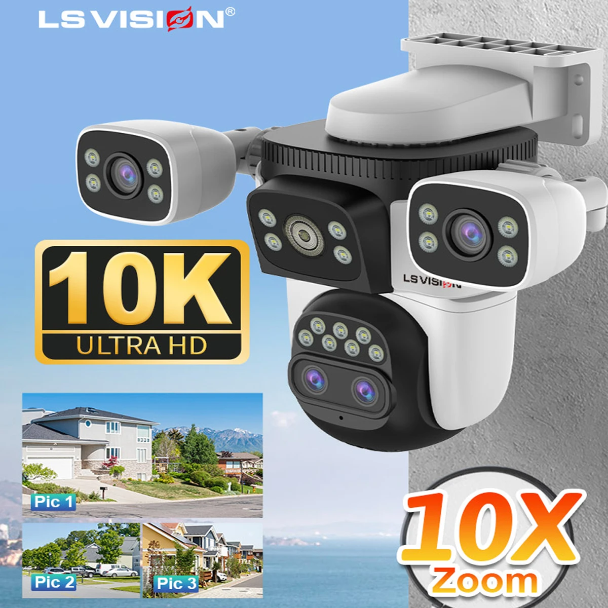LS VISION 20MP 3*Screens Home Surveillance Wifi Camera 10X Zoom Outdoor Surveillance Camera Ip PTZ Auto Tracking Security Cctv