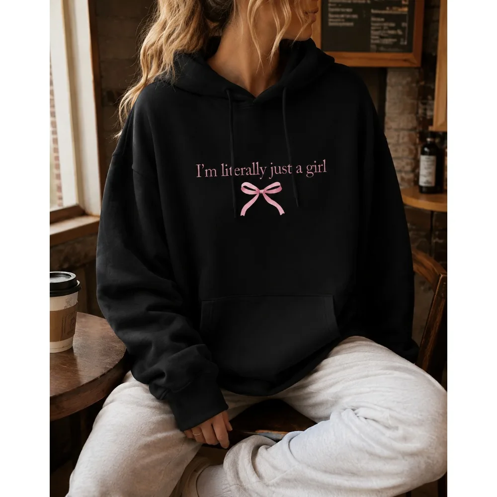 I'm Literally Just A Grill and Pink Bow Print Pattern for Autumn and Winter Women Casual Hooded Sweatshirt with Kangaroo Pocket