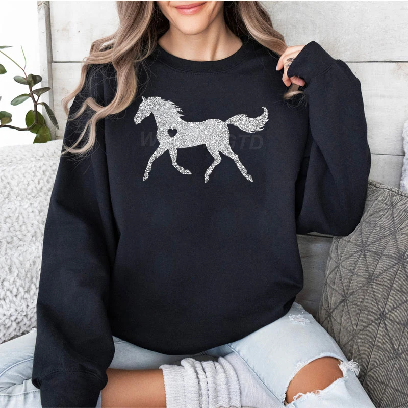 Woman Clothes Horse Glitter Harajuku Fashion Sweatshirt Horse Heart Print Farm Casual Daily Sweater Horse Lover Gifts Sweater