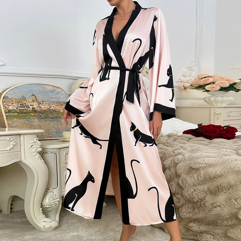 Women's Robe Luxury Satin Animal Printed Bathrobe Long Sleeve Lace Up Sexy Nightgown Imitated Silk Sleepwear Pink Shower Robe
