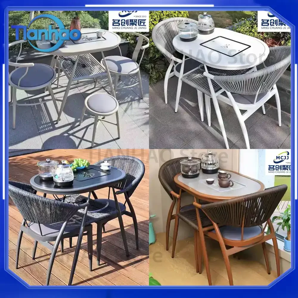 Outdoor Round Table Set for Small Spaces Patio Garden Balcony Tea Table and 2 Rattan Chairs for Outdoor Use
