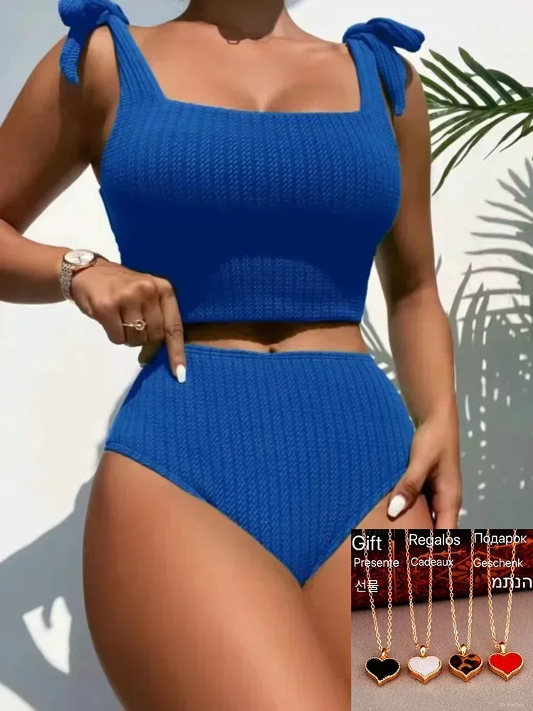 

2024 Solid High Waist Bikini Women's Brazilian Swimsuit Sexy Green Tie Up Strap Ribbed Push Up Swimwear Bathing Suit Give A Gift