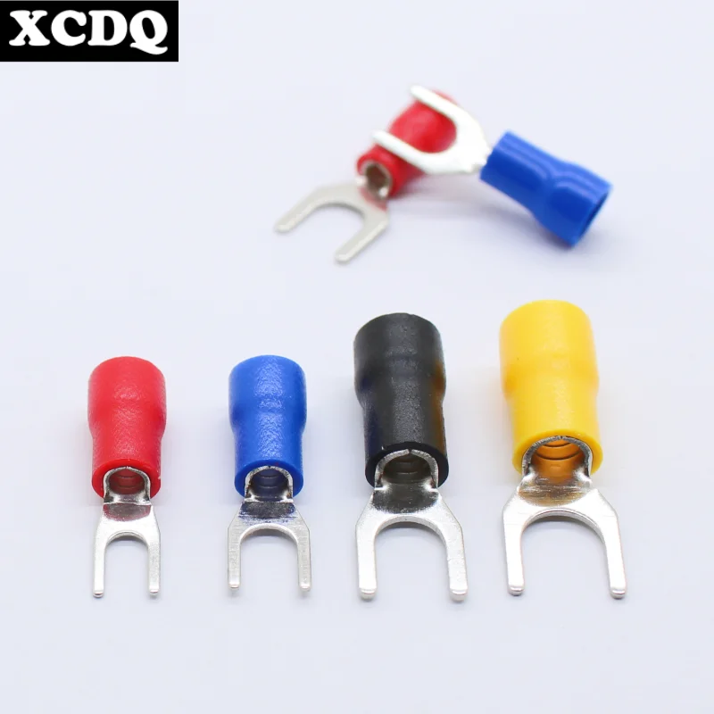 100pcs SV Brass Crimp Electrical Terminals Fork Shape Spade Large Current Final Presses Wire Connectors with Crimping Sleeves
