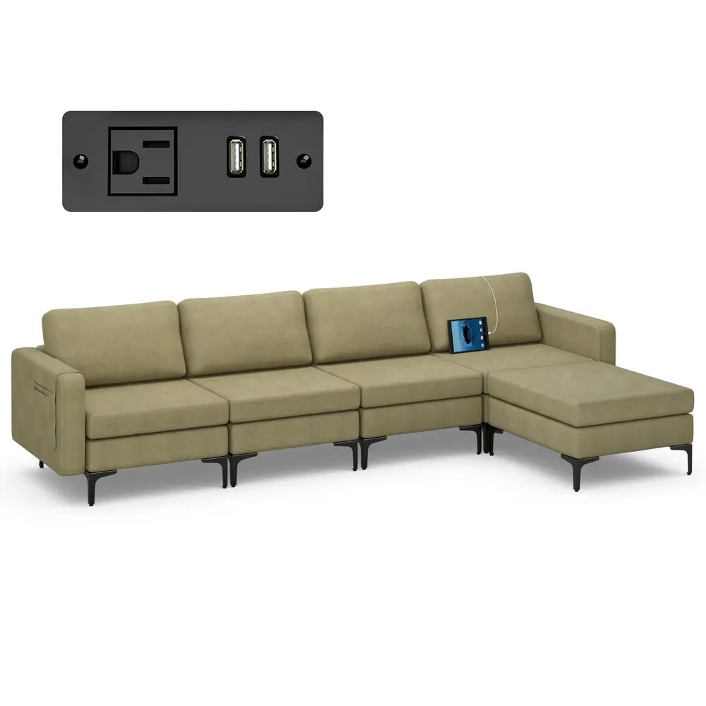 Costway Modular L-shaped Sectional Sofa w/ Reversible Chaise & 2 USB Ports Green