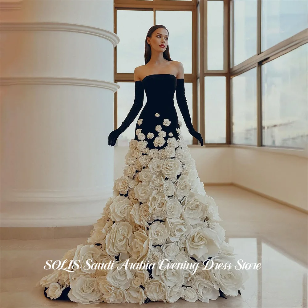 SOLIS Black and White Prom Dresses Strapless Celebrity Dresses with 3D Floral Women's Evening Dresses Formal Gown Customized