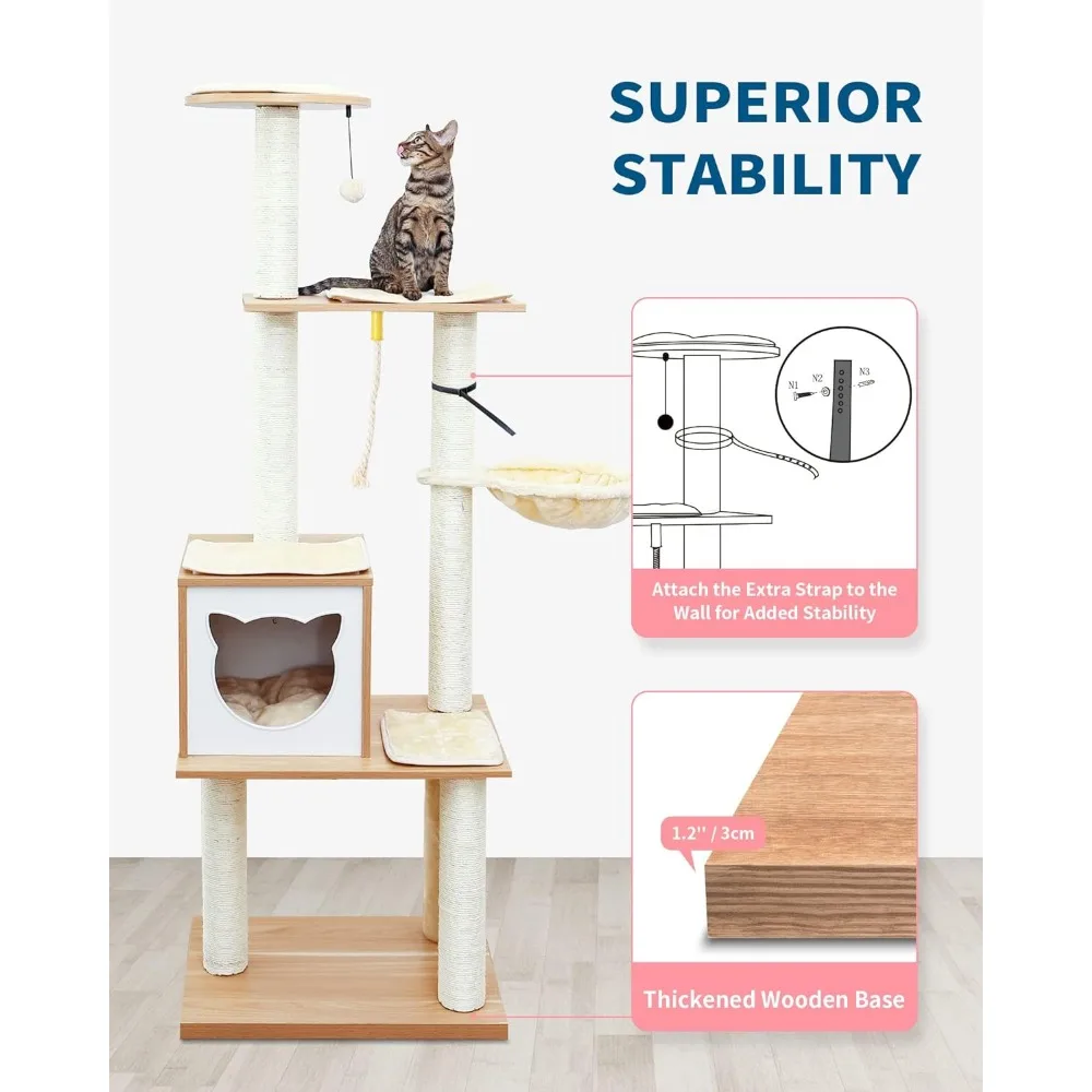 

Cat Tree Modern Cat Tree Tower for Indoor Cats - 65" Tall Wood Condo with Hammock, Scratching Post and Removable Pads for Small