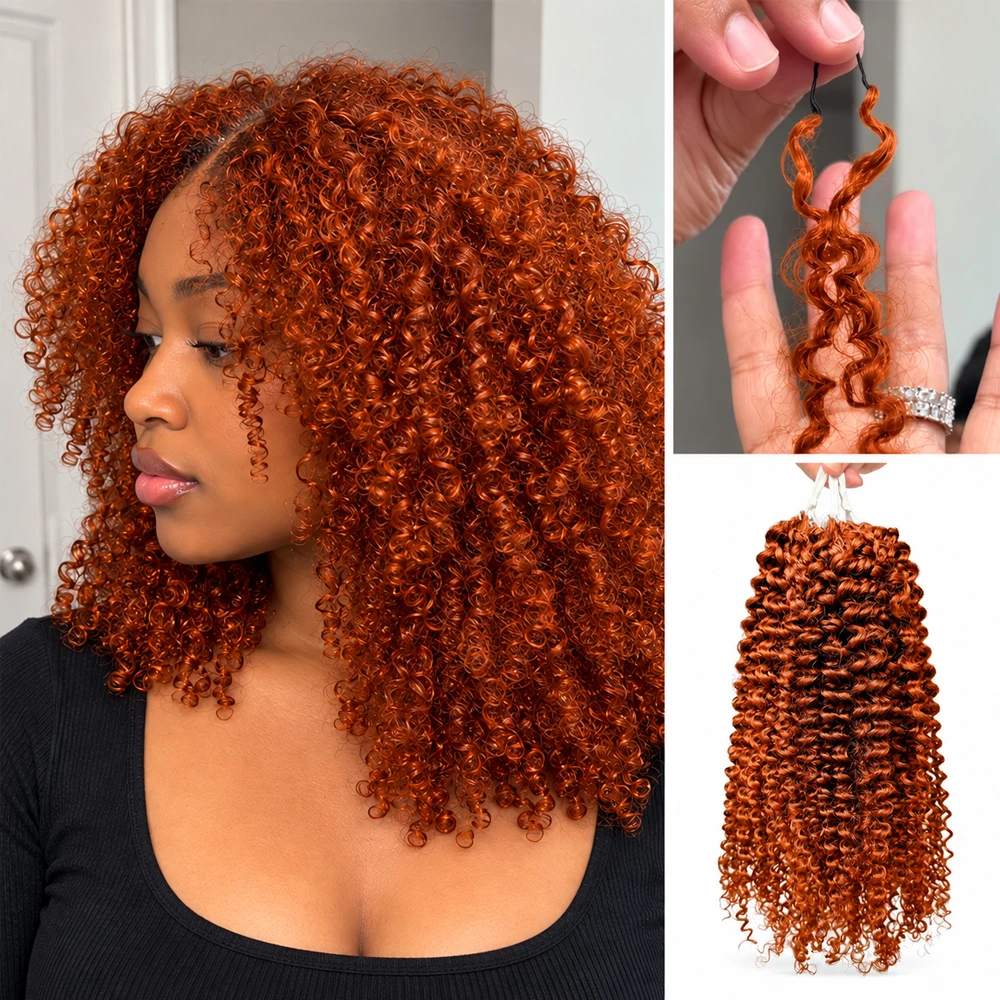 Afro Curly Ginger Copper Feather Crochet Human Hair Extensions Pre Separated Invisible Knotless Crochet Braiding Hair For Women