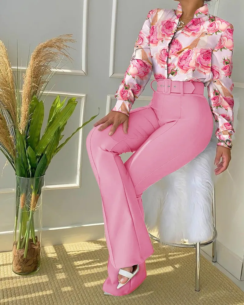 Ensemble 2 pièces pantalon et chemisier à ceinture pour femme, streetwear féminin, tenues décontractées, polyvalent, imbibé, mode, automne, hiver,